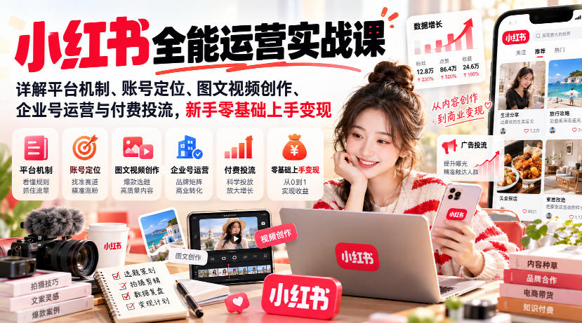 小红书全能运营实战课，详解平台机制、账号定位、图文视频创作、企业号运营与付费投流，新手零基础上手变现-如意资源库