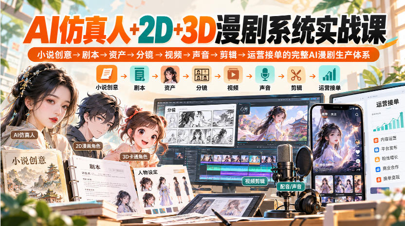 【无水印】AI仿真人+2D+3D漫剧系统实战课，小说创意→剧本→资产→分镜→视频→声音→剪辑→运营接单的完整AI漫剧生产体系-如意资源库