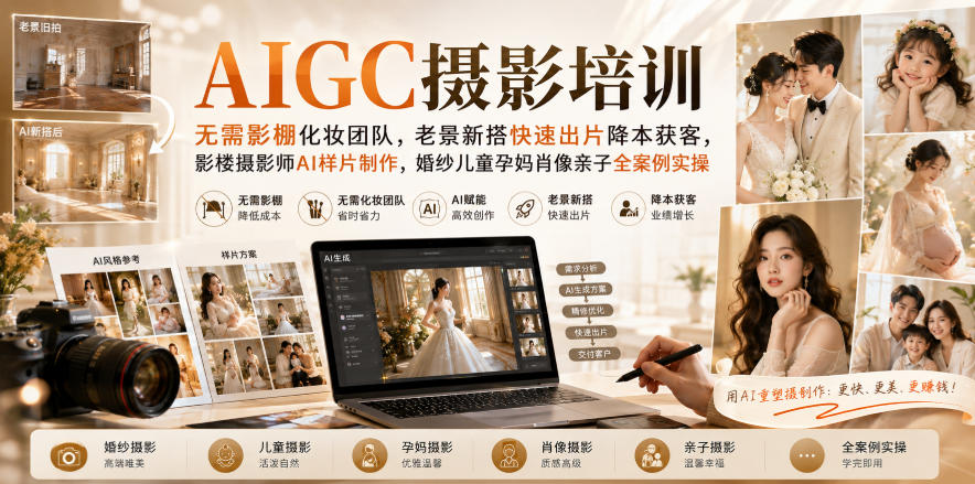 AIGC摄影培训｜无需影棚化妆团队，老景新搭快速出片降本获客，影楼摄影师AI样片制作，婚纱儿童孕妈肖像亲子全案例实操-如意资源库