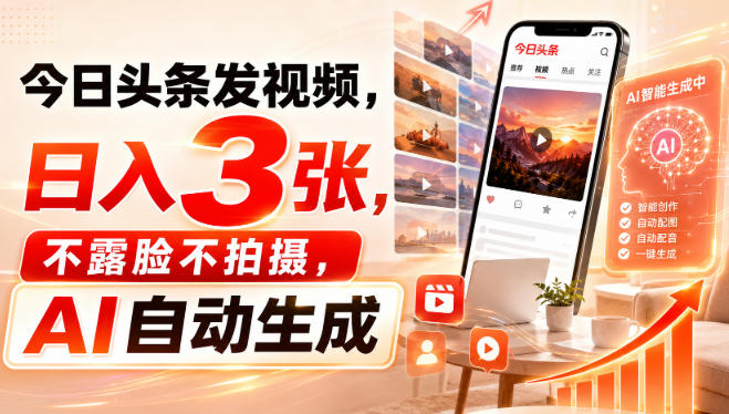今日头条发视频，日入3张，不露脸不拍摄，AI自动生成-如意资源库
