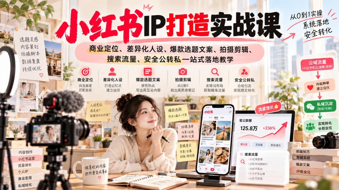 小红书ip打造实战课，商业定位、差异化人设、爆款选题文案、拍摄剪辑、搜索流量、安全公转私一站式落地教学-如意资源库