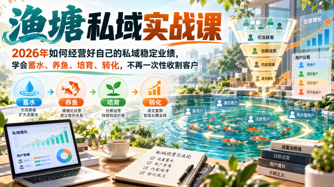渔塘私域实战课，2026年如何经营好自己的私域稳定业绩，学会蓄水、养鱼、培育、转化，不再一次性收割客户-如意资源库