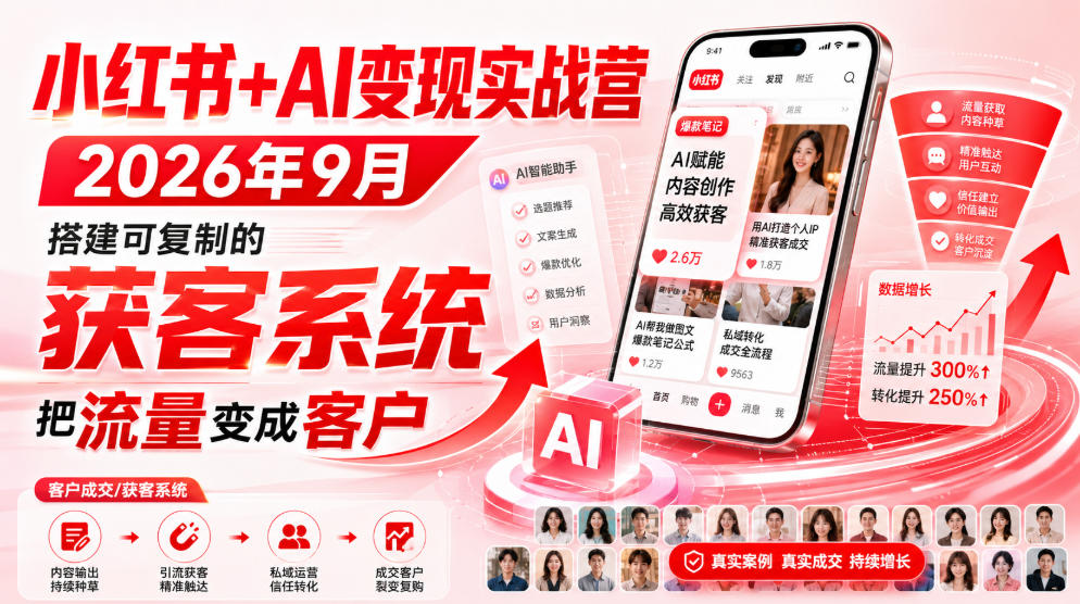 小红书+AI变现实战营2026年9月，搭建可复制的获客系统，把流量变成客户！-如意资源库