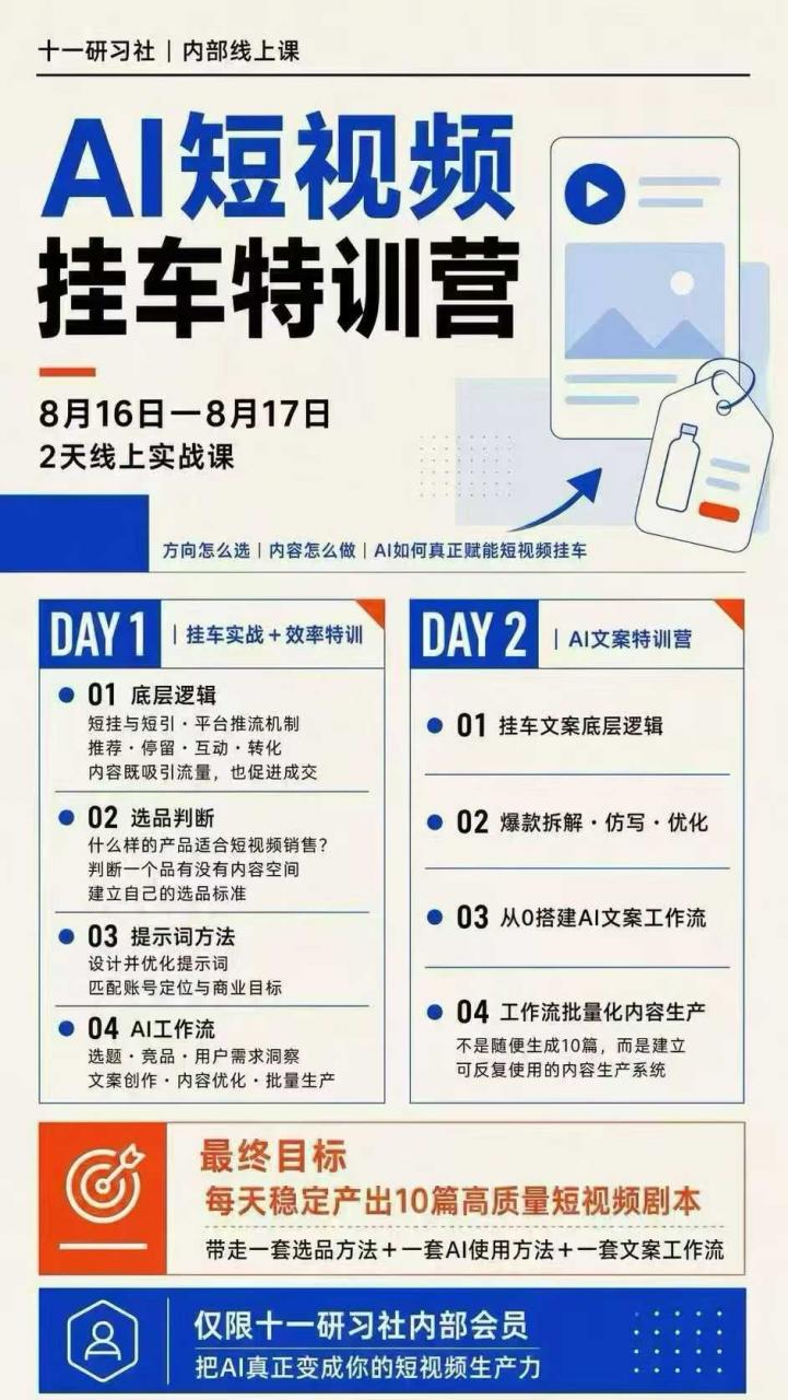 某社群8月16-17号线上课，AI短视频挂车特训营+AI文案特训，把AI真正变成你的短视频生产力-如意资源库