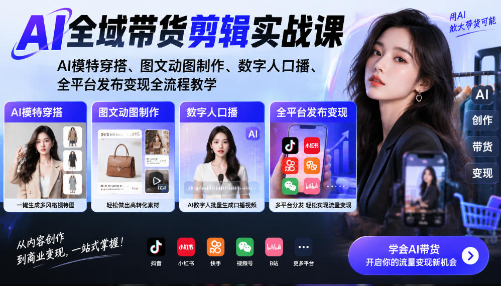 AI全域带货剪辑实战课｜AI模特穿搭、图文动图制作、数字人口播、全平台发布变现全流程教学-如意资源库