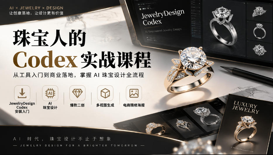 珠宝人的Codex实战课程｜JewelryDesign Codex安装入门、AI珠宝设计、爆款二创、多视图生成、电商精修海报全链路教学-如意资源库