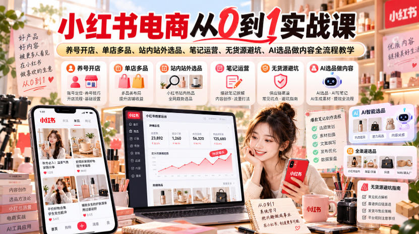 小红书电商从0到1实战课｜养号开店、单店多品、站内站外选品、笔记运营、无货源避坑、AI选品做内容全流程教学-如意资源库