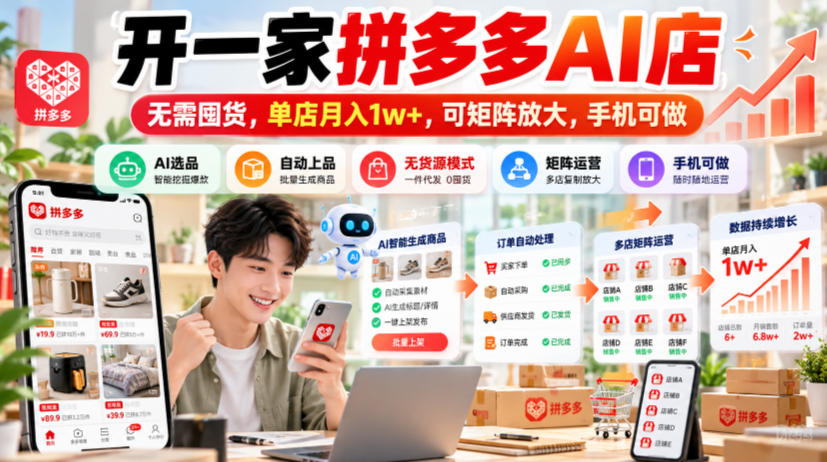 开一家拼多多AI店，无需囤货，单店月入1w+，可矩阵放大，手机可做【揭秘】-如意资源库