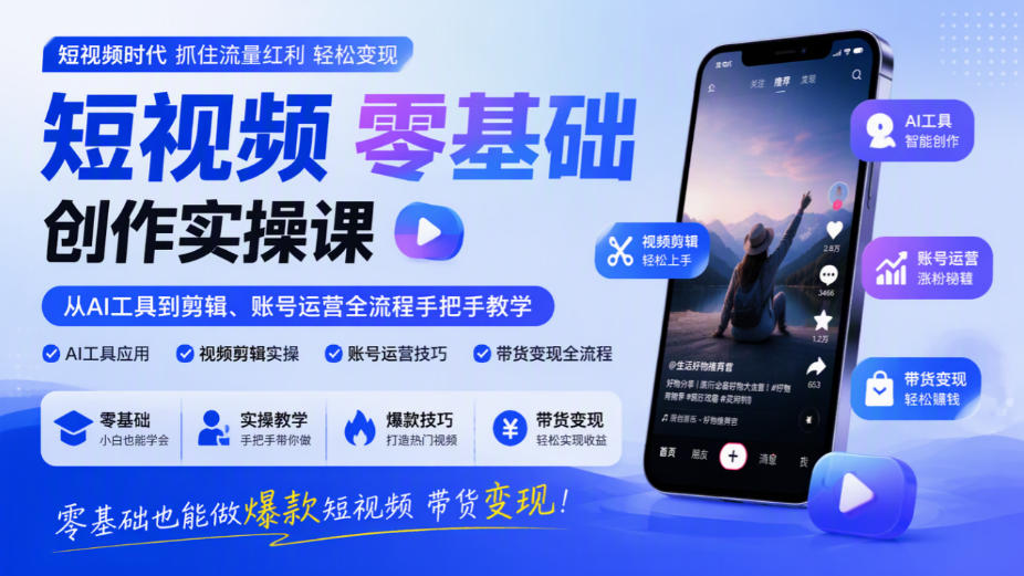 短视频零基础创作实操课，从AI工具到剪辑、账号运营全流程手把手教学，零基础也能做爆款短视频带货变现-如意资源库