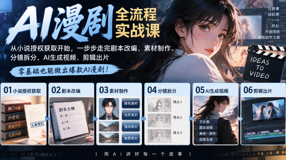 AI漫剧全流程实战课｜从小说授权获取开始，一步步走完剧本改编、素材制作、分镜拆分、AI生成视频、剪辑出片全流程-如意资源库