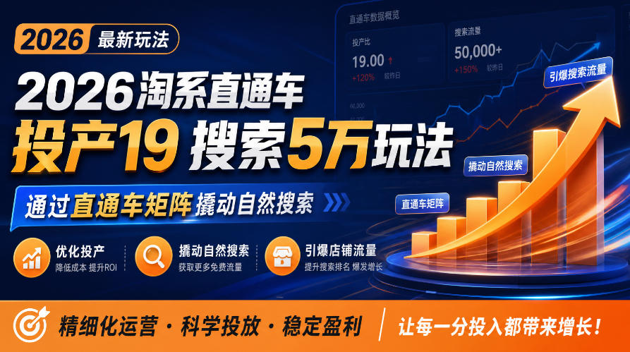 2026淘系直通车投产19搜索5万玩法，通过直通车矩阵撬动自然搜索，帮助商家优化投产，引爆店铺搜索流量-如意资源库