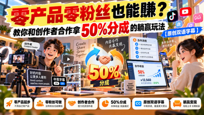 【无水印】零产品零粉丝也能賺？教你和创作者合作拿50%分成的躺赢玩法【原创双语字幕】-如意资源库