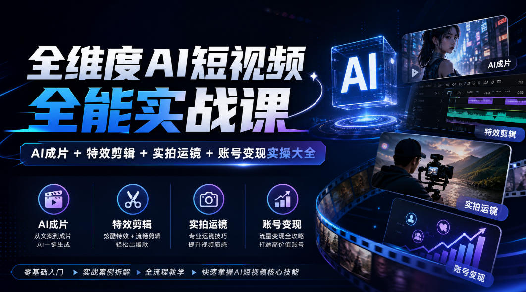 全维度AI短视频全能实战课，AI成片+特效剪辑+实拍运镜+账号变现实操大全-如意资源库