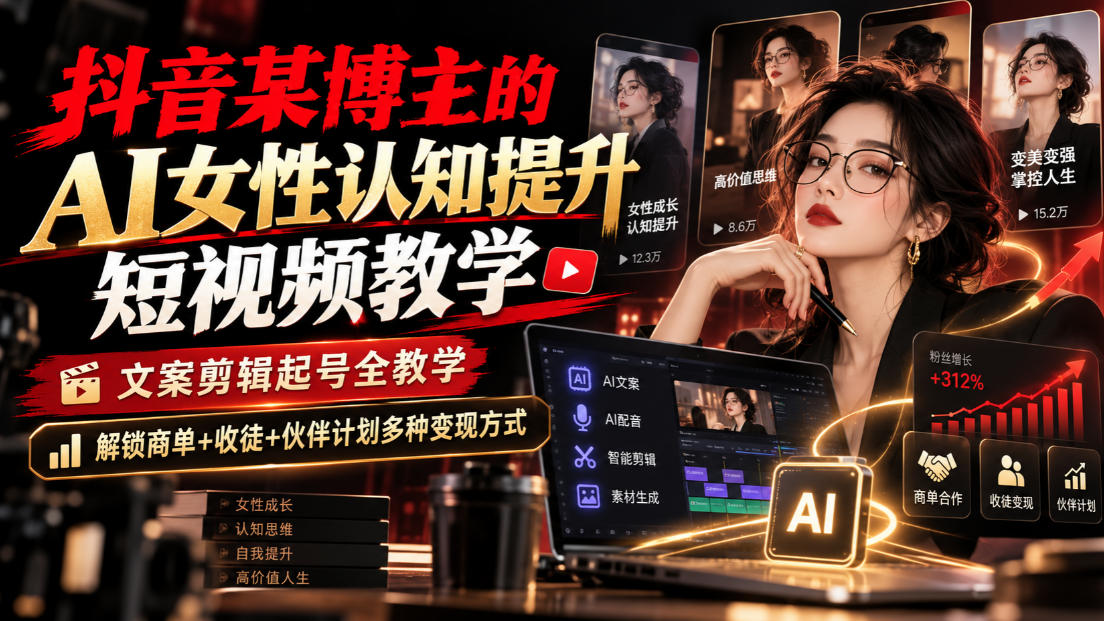 抖音某博主的Ai女性认知提升短视频教学，文案剪辑起号全教学，解锁商单+收徒+伙伴计划多种变现方式-如意资源库