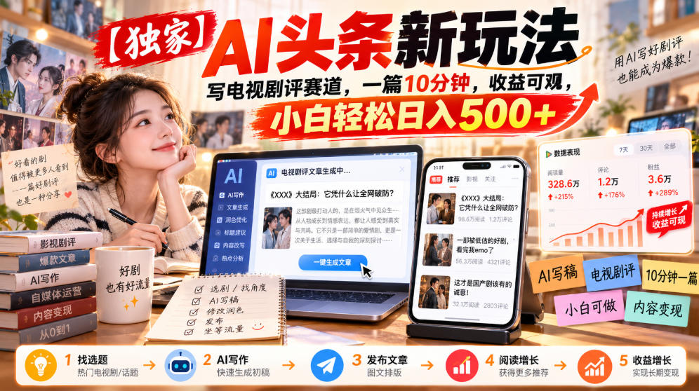 【独家】AI头条新玩法，写电视剧评赛道，一篇10分钟，收益可观，小白轻松日入500+-如意资源库