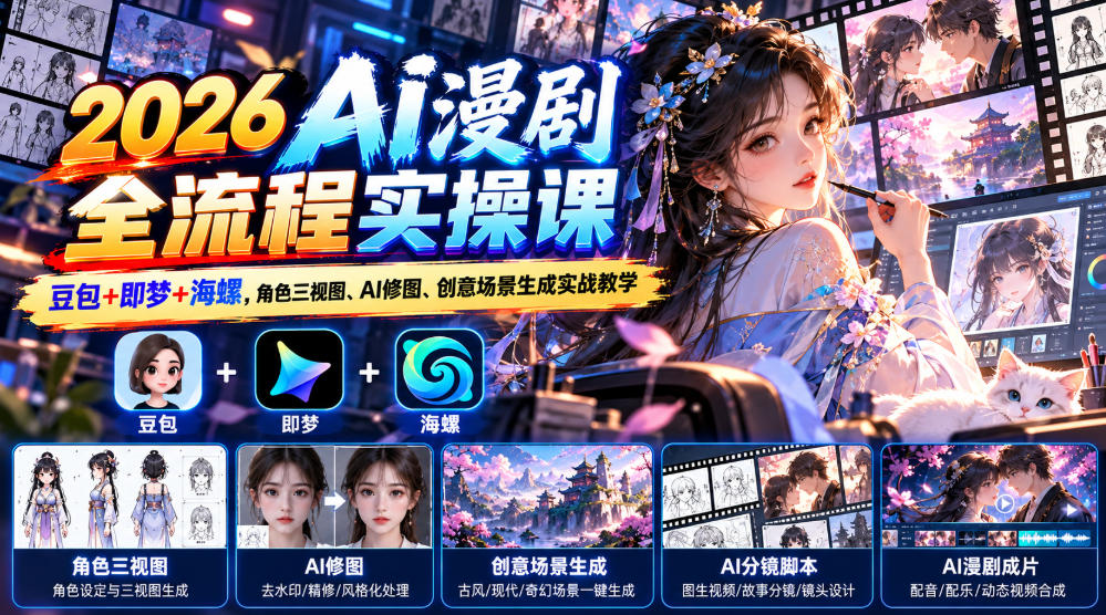 【无水印】2026 AI漫剧全流程实操课｜豆包+即梦+海螺，角色三视图、AI修图、创意场景生成实战教学-如意资源库