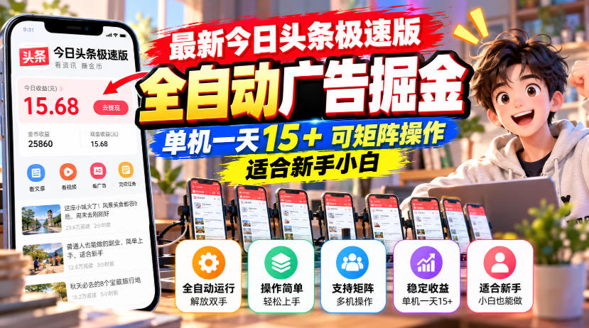 最新今日头条极速版全自动广告掘金，单机一天15+可矩阵操作适合新手小白-如意资源库