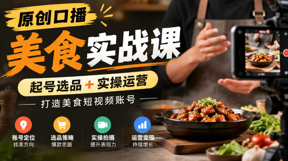 原创口播美食实战课，起号选品+实操运营，打造美食短视频账号-如意资源库