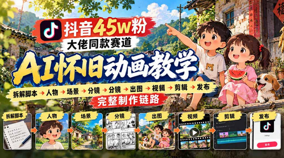 抖音45W粉大佬同款赛道AI怀旧动画实战课：拆解脚本→人物→场景→分镜→出图→视频→剪辑→发布完整制作链路-如意资源库