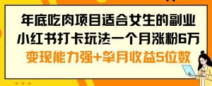 年底吃肉项目适合女生的副业小红书打卡玩法一个月涨粉6万+变现能力强+单月收益5位数【揭秘】-如意资源库