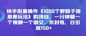 快手批量操作《1000个野路子信息差玩法》的项目,一分钟做一个视频一个图文,不封号,日引流150+【揭秘】-如意资源库