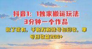 DY独家1：1搬运玩法，3分钟搞定一个作品，千粉万粉账号包回收，单号日收益2张【揭秘】-如意资源库