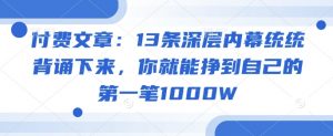 付费文章:13条深层内幕统统背诵下来,你就能挣到自己的第一笔1000W-如意资源库