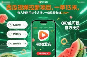 西瓜视频拉新项目，一单13米，有人悄悄用这个方法，一条视频收益2.5w+（附详细教程）-如意资源库