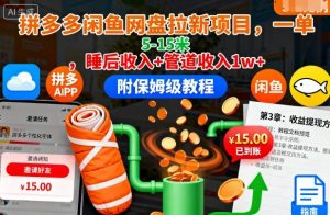 拼多多闲鱼网盘拉新项目，一单5-15米，睡后收入+管道收入1w+（附保姆级教程）-如意资源库