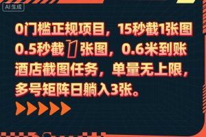 0门槛正规项目,15秒截1张图,0.6米到账,酒店截图任务,单量无上限,多号矩阵日躺入3张【揭秘】-如意资源库