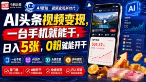 AI头条视频变现,一台手机就能干,日入5张,0粉就能开干-如意资源库
