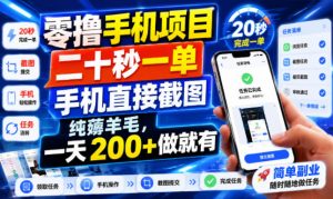 零撸手机项目，二十秒一单，手机直接截图，纯薅羊毛，一天200+做就有【揭秘】-如意资源库