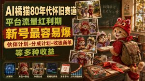 AI橘猫80年代怀旧赛道,平台流量红利期,新号最容易爆,伙伴计划-分成计划-收徒商单等多种收益-如意资源库