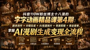抖音110W粉丝博主十八漫的字字动画精品课第4期:剧本创作+分镜生成+剪辑+商业接单,掌握AI漫剧生成变现全流程-如意资源库