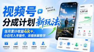 视频号分成计划新玩法，当月累计收益4k+，小白可入手操作，详细拆解教学-如意资源库